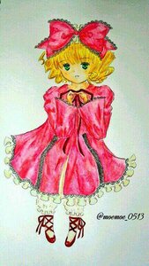 Rating: Safe Score: 0 Tags: 1girl blonde_hair bow dress full_body green_eyes hair_bow hina_ichigo hinaichigo image long_sleeves looking_at_viewer pink_bow short_hair solo standing traditional_media twitter_username User: admin