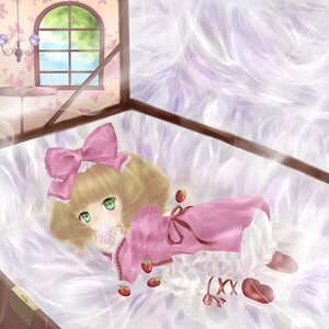 Rating: Safe Score: 0 Tags: 1girl apple blonde_hair bow cherry dress food fruit grapes green_eyes hair_bow hina_ichigo hinaichigo holding_food holding_fruit image lying object_namesake pink_bow short_hair solo strawberry window User: admin