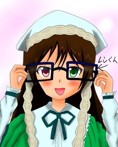 Rating: Safe Score: 0 Tags: 1girl blush braid brown_hair glasses green_eyes heterochromia image long_hair long_sleeves object_on_head ribbon solo suiseiseki upper_body User: admin