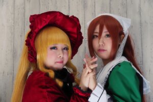 Rating: Safe Score: 0 Tags: 2girls blonde_hair blue_eyes bonnet dress hat head_scarf holding_hands interlocked_fingers lips long_hair looking_at_another multiple_cosplay multiple_girls nose realistic shinku tagme User: admin