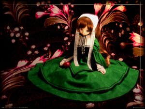 Rating: Safe Score: 0 Tags: 1girl artist_name brown_hair dress flower green_dress green_eyes image long_hair looking_at_viewer sitting solo suiseiseki very_long_hair watermark web_address User: admin