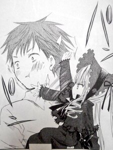 Rating: Safe Score: 0 Tags: 1boy 1girl blush bonnet dress drill_hair frills greyscale image long_hair long_sleeves monochrome profile ribbon shinku solo spiked_hair suigintou traditional_media upper_body User: admin