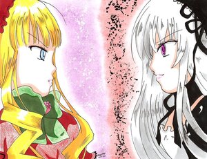 Rating: Safe Score: 0 Tags: 2girls blonde_hair blue_eyes bow eye_contact flower hairband image long_hair looking_at_another multiple_girls pair profile purple_eyes rose shinku suigintou User: admin