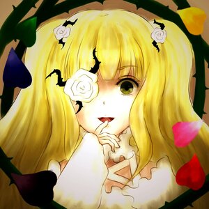 Rating: Safe Score: 0 Tags: 1girl bat blonde_hair flower green_eyes hair_ornament hat heart image kirakishou long_hair rose solo tongue User: admin