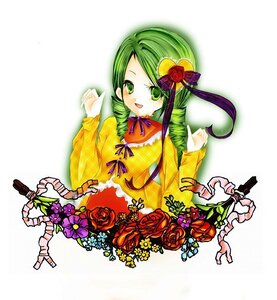 Rating: Safe Score: 0 Tags: 1girl dress drill_hair flower green_eyes green_hair image kanaria long_hair long_sleeves red_flower red_rose ribbon rose smile solo white_background yellow_dress User: admin