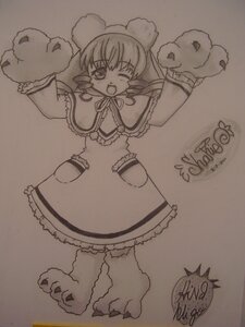 Rating: Safe Score: 0 Tags: 1girl ;d animal_ears claws dress fang full_body hinaichigo image long_sleeves monochrome one_eye_closed open_mouth paw_gloves paws photo simple_background smile solo standing traditional_media User: admin