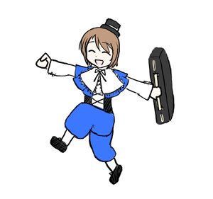 Rating: Safe Score: 0 Tags: 1girl :d ^_^ brown_hair closed_eyes hat image long_sleeves open_mouth pants running simple_background smile solo souseiseki top_hat User: admin