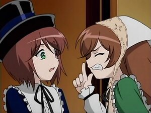 Rating: Safe Score: 0 Tags: 2girls angry brown_hair clenched_teeth closed_eyes dress frills green_eyes hat image index_finger_raised long_hair multiple_girls pair ribbon short_hair siblings sisters souseiseki suiseiseki tears teeth twins User: admin