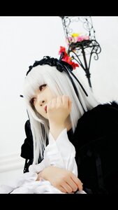 Rating: Safe Score: 0 Tags: 1girl bangs black_ribbon flower hairband head_rest letterboxed lips long_hair long_sleeves red_eyes ribbon rose silver_hair solo suigintou User: admin