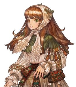 Rating: Safe Score: 0 Tags: 1girl bangs brown_hair dress green_eyes image lips long_hair long_sleeves looking_at_viewer parted_lips solo suiseiseki white_background User: admin