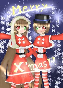 Rating: Safe Score: 0 Tags: 2girls :d belt blush brown_hair christmas dress green_eyes hat heterochromia image merry_christmas multiple_girls open_mouth pair red_eyes santa_costume short_hair siblings sisters smile snowflakes souseiseki striped striped_legwear suiseiseki twins User: admin
