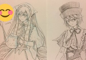 Rating: Safe Score: 0 Tags: 2girls capelet dress frills hat holding image long_hair long_sleeves looking_at_viewer monochrome multiple_girls neck_ribbon pair ribbon short_hair smile souseiseki suiseiseki very_long_hair User: admin