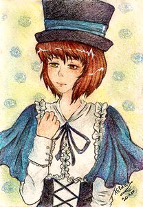 Rating: Safe Score: 0 Tags: 1girl brown_hair frills hand_on_own_chest hat heterochromia image long_sleeves red_eyes ribbon short_hair smile solo souseiseki traditional_media upper_body User: admin