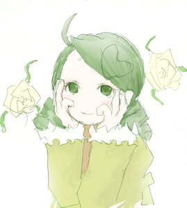 Rating: Safe Score: 0 Tags: 1girl ahoge flower green_eyes green_hair green_theme hand_on_own_cheek image kanaria leaf long_sleeves pink_flower pink_rose plant rose smile solo striped striped_background thorns upper_body vertical_stripes vines white_background white_flower white_rose yellow_flower yellow_rose User: admin
