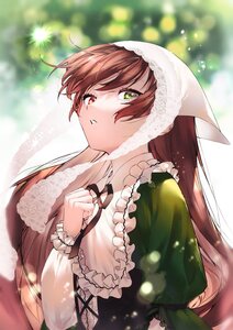 Rating: Safe Score: 3 Tags: 1girl bangs black_ribbon blurry blurry_background brown_hair depth_of_field dress frills green_dress green_eyes heterochromia image long_hair long_sleeves looking_at_viewer neck_ribbon parted_lips red_eyes ribbon solo suiseiseki upper_body very_long_hair User: admin