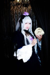 Rating: Safe Score: 0 Tags: 1girl dress flower holding lips long_hair red_eyes skull solo suigintou veil User: admin