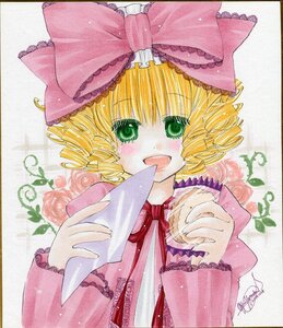 Rating: Safe Score: 0 Tags: 1girl auto_tagged blonde_hair bow drill_hair flower frills green_eyes hair_bow hina_ichigo hinaichigo image long_sleeves looking_at_viewer marker_(medium) millipen_(medium) open_mouth pink_bow rose shikishi short_hair signature smile solo traditional_media User: admin