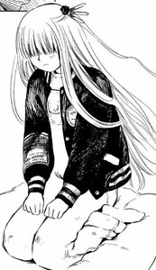 Rating: Safe Score: 0 Tags: 1girl barasuishou greyscale hair_ornament hair_over_eyes hidden_eyes image jacket long_hair long_sleeves monochrome sitting solo white_background User: admin