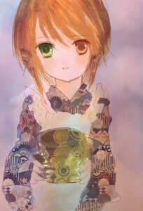 Rating: Safe Score: 0 Tags: 1girl bangs brown_hair eyebrows_visible_through_hair green_eyes hariruri holding image japanese_clothes kimono long_sleeves looking_at_viewer parted_lips short_hair simple_background solo souseiseki upper_body User: admin