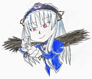 Rating: Safe Score: 0 Tags: 1girl auto_tagged black_wings closed_mouth dress feathered_wings feathers flower frilled_sleeves frills hairband image juliet_sleeves long_hair long_sleeves looking_at_viewer pink_eyes purple_eyes rose simple_background smile solo suigintou traditional_media white_background wings User: admin