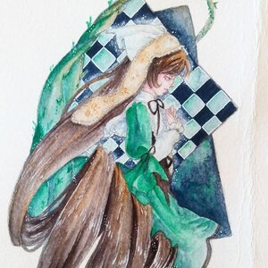 Rating: Safe Score: 0 Tags: 1girl argyle argyle_background blanket brown_hair checkered checkered_background checkered_floor closed_eyes dress green_dress image long_hair pillow ribbon solo suiseiseki tile_floor tiles traditional_media watercolor_(medium) User: admin