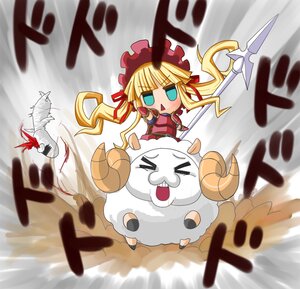 Rating: Safe Score: 0 Tags: 1girl >_< blonde_hair blurry blush_stickers dress image long_hair polearm shinku solo weapon User: admin