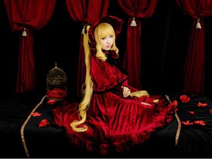 Rating: Safe Score: 0 Tags: 1girl blonde_hair blue_eyes curtain_grab curtains dress flower long_hair red_dress red_theme rose shinku sitting solo twintails very_long_hair window User: admin