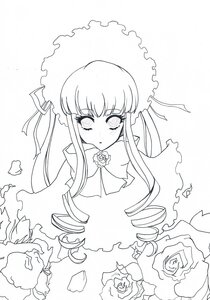 Rating: Safe Score: 0 Tags: 1girl blush bonnet dress drill_hair flower greyscale image long_hair long_sleeves monochrome rose shinku simple_background solo twin_drills upper_body very_long_hair white_background User: admin
