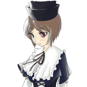 Rating: Safe Score: 0 Tags: 1girl black_headwear brown_hair closed_mouth eyebrows_visible_through_hair hat heterochromia image long_sleeves red_eyes ribbon short_hair simple_background solo souseiseki striped upper_body white_background User: admin