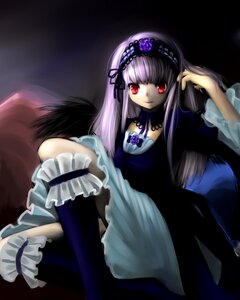 Rating: Safe Score: 0 Tags: 1girl black_wings detached_collar dress flower frills hairband image leg_garter long_hair long_sleeves looking_at_viewer red_eyes rose silver_hair sitting solo suigintou wings User: admin