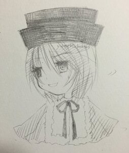 Rating: Safe Score: 0 Tags: 1girl blush eyebrows_visible_through_hair greyscale hat image looking_at_viewer monochrome ribbon short_hair simple_background sketch smile solo souseiseki traditional_media upper_body yumeki_kokoro User: admin