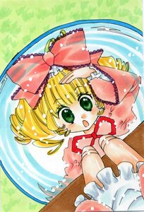 Rating: Safe Score: 0 Tags: 1girl :o blonde_hair bow dress drill_hair frilled_sleeves frills green_eyes hina_ichigo hinaichigo image long_sleeves looking_at_viewer pink_bow solo traditional_media twin_drills User: admin