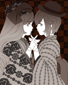 Rating: Safe Score: 0 Tags: 1boy 1girl argyle argyle_background argyle_legwear board_game checkered checkered_background checkered_floor checkered_kimono checkered_scarf checkered_skirt chess_piece face-to-face female_saniwa_(touken_ranbu) hat image imminent_kiss japanese_clothes kimono lace long_hair meiji_schoolgirl_uniform monochrome pair perspective short_hair souseiseki suiseiseki tattoo tile_floor tiles top_hat yagasuri yuri User: admin