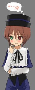 Rating: Safe Score: 0 Tags: 1girl black_ribbon blush brown_hair frills green_eyes hat heterochromia image long_sleeves looking_at_viewer pants red_eyes ribbon simple_background smile solo souseiseki spoken_blush top_hat white_background User: admin