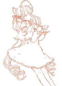 Rating: Safe Score: 0 Tags: 1girl bonnet cup dress drill_hair frills hat image long_hair long_sleeves monochrome saucer shinku simple_background solo standing teacup twin_drills very_long_hair User: admin