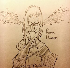 Rating: Safe Score: 0 Tags: 1girl :d dress eyebrows_visible_through_hair feathered_wings frills image juliet_sleeves long_hair long_sleeves looking_at_viewer maid_headdress monochrome open_mouth smile solo suigintou wings User: admin