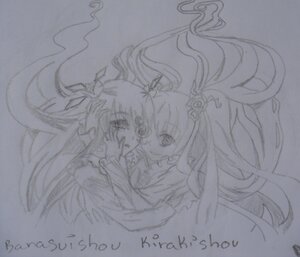 Rating: Safe Score: 0 Tags: 2girls barasuishou floating_hair gloves hair_ornament image kaname_madoka kirakishou long_hair monochrome multiple_girls pair smile thank_you traditional_media two_side_up ultimate_madoka yuri User: admin