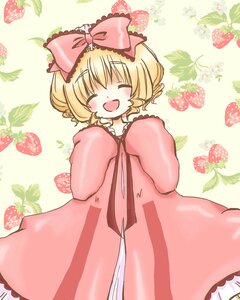Rating: Safe Score: 0 Tags: 1girl apple blonde_hair bow cherry closed_eyes dress food frills fruit grapes hina_ichigo hinaichigo holding_fruit image long_sleeves open_mouth pink_bow pink_dress short_hair sleeves_past_wrists smile solo strawberry strawberry_print watermelon User: admin