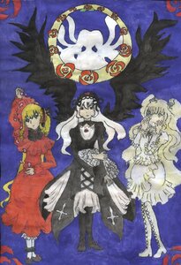 Rating: Safe Score: 0 Tags: 3girls black_wings blonde_hair boots closed_eyes cross dress frills image long_hair long_sleeves moon multiple multiple_girls rose shinku silver_hair standing suigintou tagme traditional_media very_long_hair wings User: admin