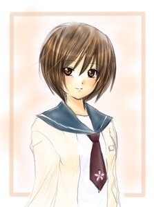 Rating: Safe Score: 0 Tags: 1girl bangs blush brown_eyes brown_hair closed_mouth human image kashiwaba_tomoe long_sleeves looking_at_viewer school_uniform serafuku short_hair simple_background smile solo striped upper_body User: admin