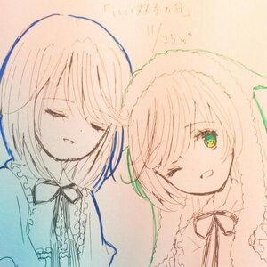 Rating: Safe Score: 0 Tags: 2girls bangs closed_eyes eyebrows_visible_through_hair green_eyes image multiple_girls one_eye_closed open_mouth pair ribbon short_hair smile souseiseki suiseiseki traditional_media User: admin