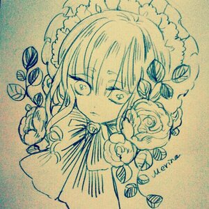 Rating: Safe Score: 0 Tags: 1girl bangs braid drill_hair eyebrows_visible_through_hair flower hair_between_eyes image looking_at_viewer maid_headdress monochrome photo ribbon rose shinku solo traditional_media twin_drills User: admin