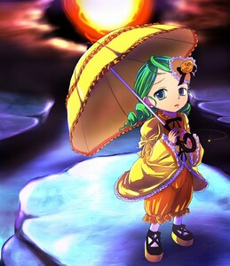 Rating: Safe Score: 0 Tags: 1girl :o dress drill_hair flower frills green_eyes green_hair holding_umbrella image kanaria long_sleeves parasol solo standing umbrella User: admin