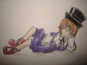 Rating: Safe Score: 0 Tags: 1girl frills full_body green_eyes hat image long_sleeves orange_hair ribbon shoes short_hair shorts solo souseiseki top_hat User: admin