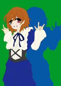 Rating: Safe Score: 0 Tags: 1boy auto_tagged blush brown_hair cowboy_shot frills green_background heterochromia image long_sleeves looking_at_viewer red_eyes ribbon shirt simple_background smile solo souseiseki User: admin