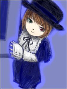Rating: Safe Score: 0 Tags: 1girl bangs black_border blue_dress border brown_hair dress green_eyes hat heterochromia holding image letterboxed long_sleeves looking_at_viewer neck_ribbon red_eyes ribbon short_hair simple_background solo souseiseki User: admin