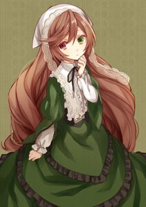 Rating: Safe Score: 0 Tags: 1girl brown_hair commentary_request dress frills green_dress green_eyes head_scarf heterochromia image lolita_fashion long_hair long_sleeves looking_at_viewer red_eyes rozen_maiden simple_background solo suiseiseki very_long_hair yuzuki_karu User: admin