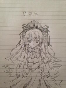 Rating: Safe Score: 0 Tags: 1girl bow bowtie dress image long_hair long_sleeves looking_at_viewer monochrome shinku sketch solo suigintou traditional_media User: admin