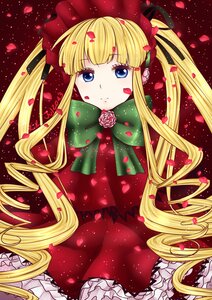 Rating: Safe Score: 0 Tags: 1girl bangs blonde_hair blue_eyes bow cowboy_shot dress flower green_bow hat image long_hair looking_at_viewer petals red_dress rose rose_petals shinku solo twintails very_long_hair User: admin