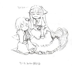 Rating: Safe Score: 0 Tags: 2girls alice_margatroid dress greyscale hair_ornament image long_hair monochrome multiple_girls pair simple_background souseiseki suiseiseki white_background User: admin